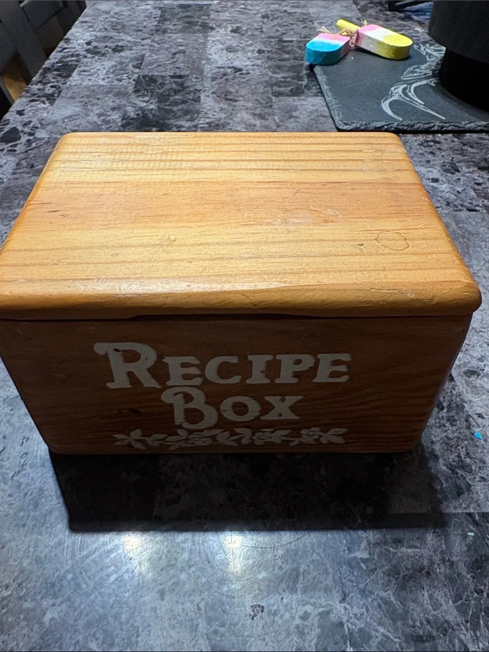 Wooden Recipe Box in Light Brown with White Lettering